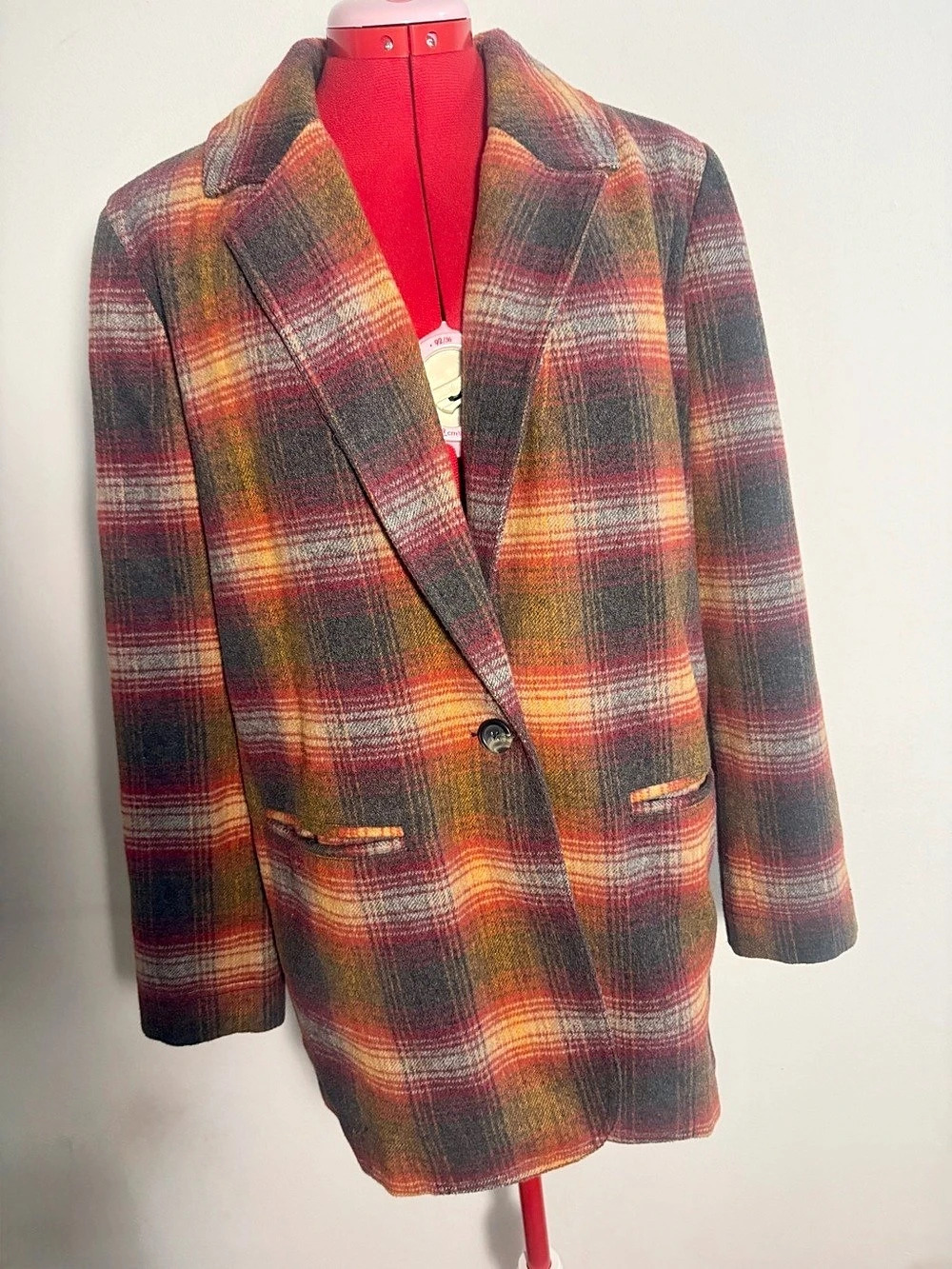 We The Free Plaid Wool Blend Blazer Coat in Red/Brown Plaid EUC